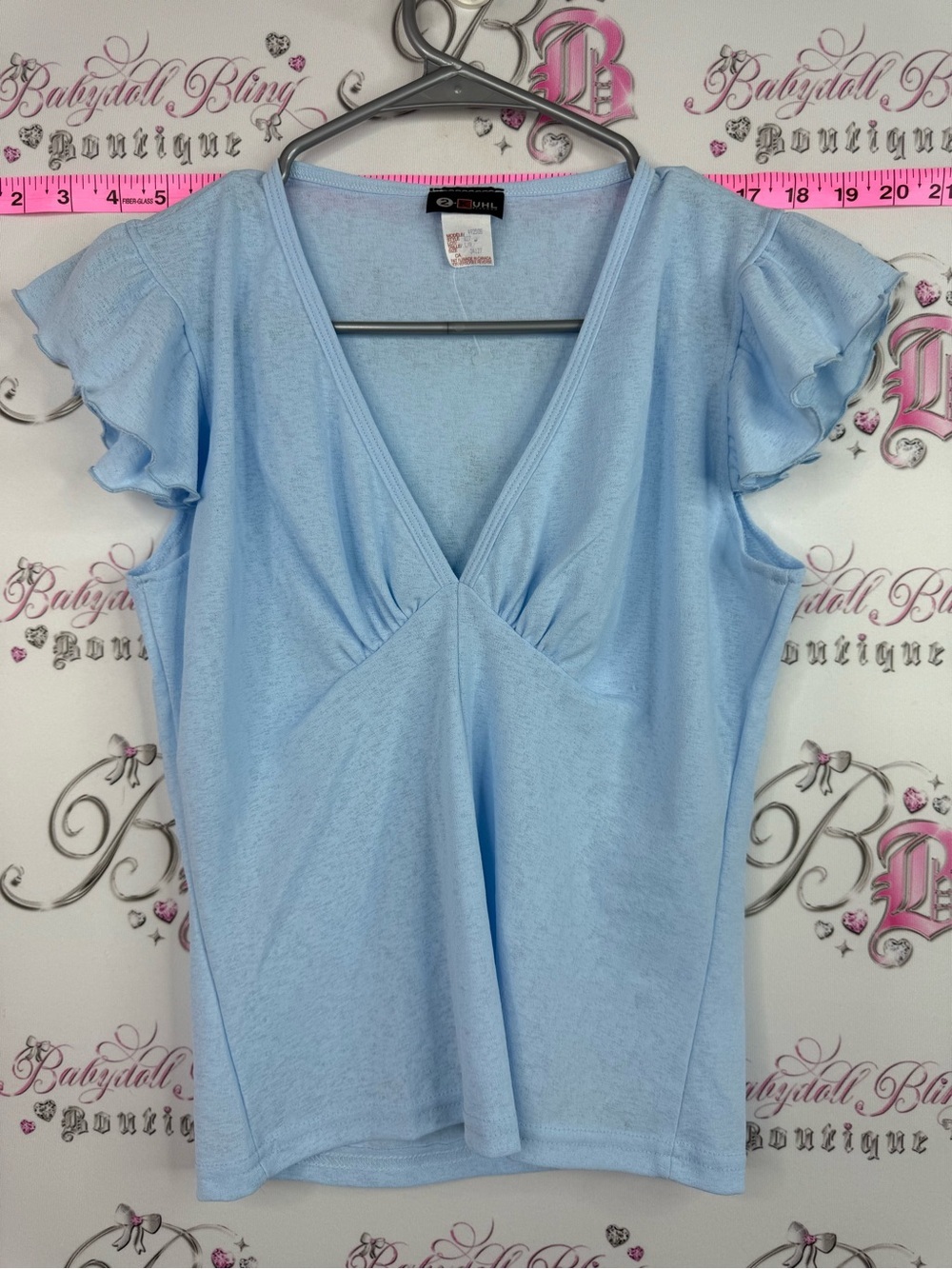 2 kuhl top y2k fairy rare Women's Light Blue V-Neck Flutter Sleeve Tee
